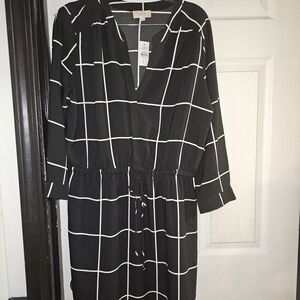 LOFT Black and White Grid Long Sleeve Dress